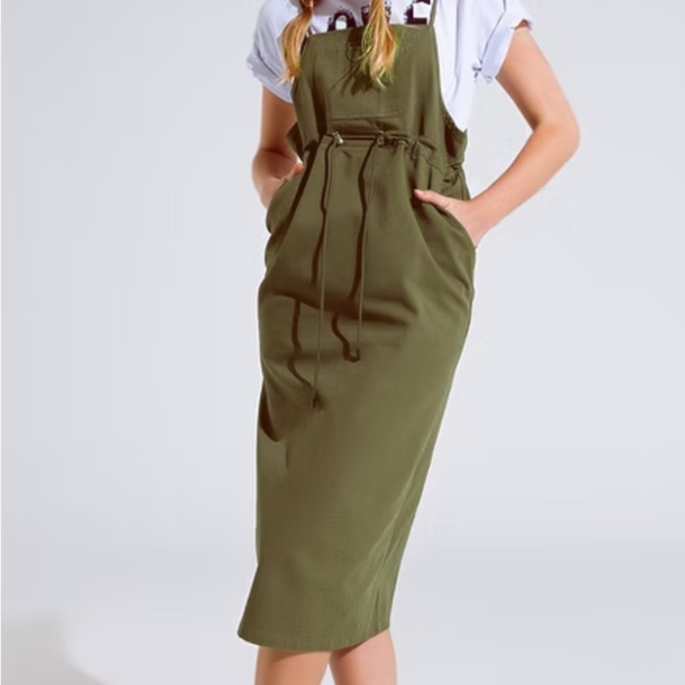 Olive Green Midi Overall Dress